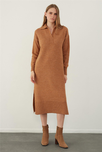 Kahverengi Polo Yaka Basic Midi Triko Elbise