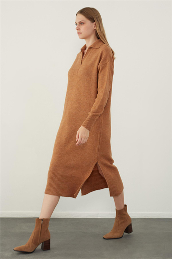Kahverengi Polo Yaka Basic Midi Triko Elbise