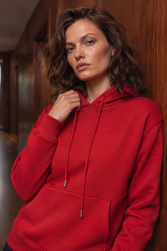 Kırmızı Kapüşonlu Kanguru Cepli Sweatshirt