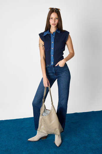 Lacivert Denim Yaka Detalı Triko Bluz