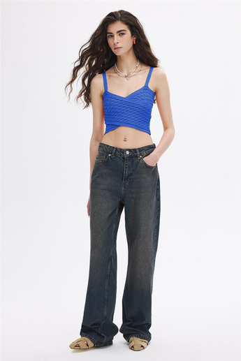 Mavi Saç Örgülü Triko Crop Top