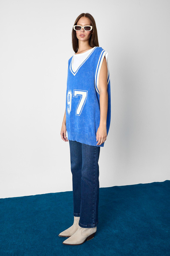 Mavi Tshirt Detaylı Oversize Triko Süveter