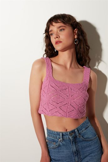 Pembe Kare Yaka Geometrik Desenli Triko Atlet