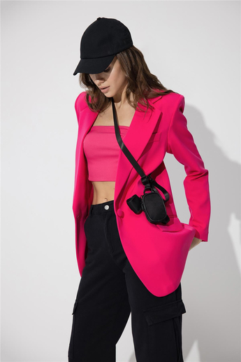 Pembe Tek Düğmeli Oversize Blazer Ceket