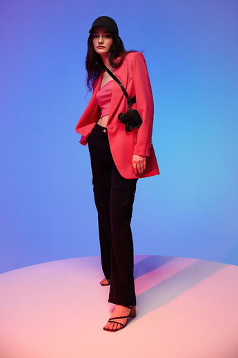 Pembe Tek Düğmeli Oversize Blazer Ceket