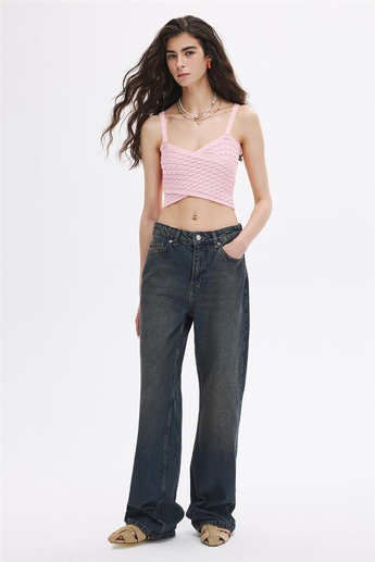 Pudra Saç Örgülü Triko Crop Top