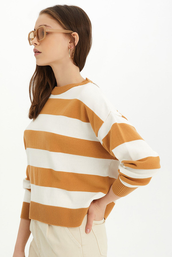 Sherin Woman Beige-Ecru Striped Crew Neck Knit Sweater SWK4339BJ