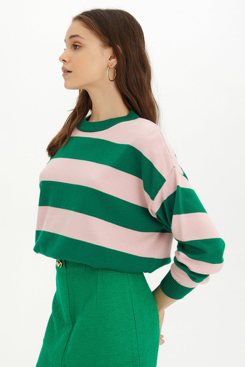 Sherin Woman Green- Pink Striped Crew Neck Knit Sweater SWK4339YP