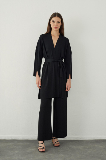 Siyah Boru Paça Basic Triko Pantolon