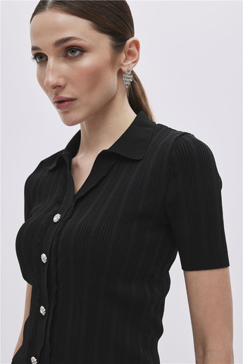 Black Shirt Collar Knitwear Top
