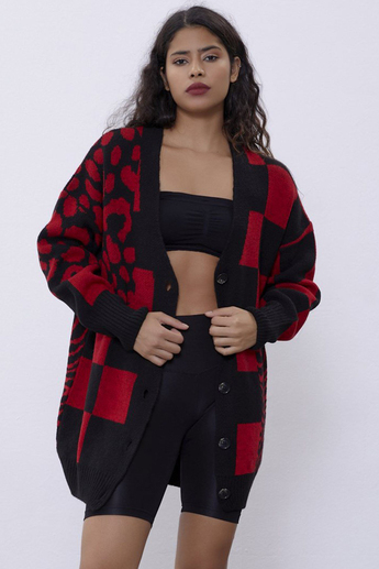 Kırmızı Desenli Oversize Triko Hırka