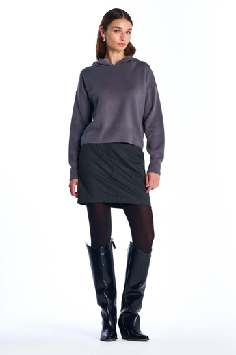 Koyu Gri Kapüşonlu Triko Sweatshirt