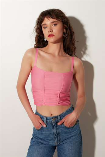 Pembe Kare Yaka Büzgülü Triko Atlet