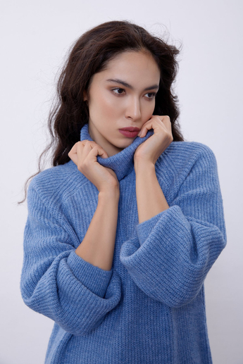 Mavi Balıkçı Yaka Oversize Triko Tunik