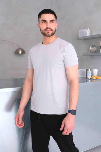 Bisiklet Yaka Framlı Gri Modal Düz T-Shirt