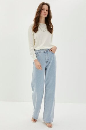 Denim Yüksek Bel Bol Paça Mavi Pantolon