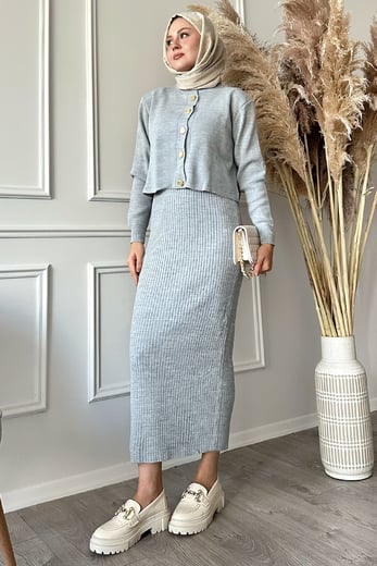 Cardigan Ribbed Two-Piece Gray Knit Set