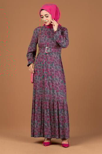 Baroque Patterned Viscose Dress-Fuchsia