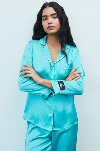 Amour Turkuaz Uzun Saten Pijama Takımı