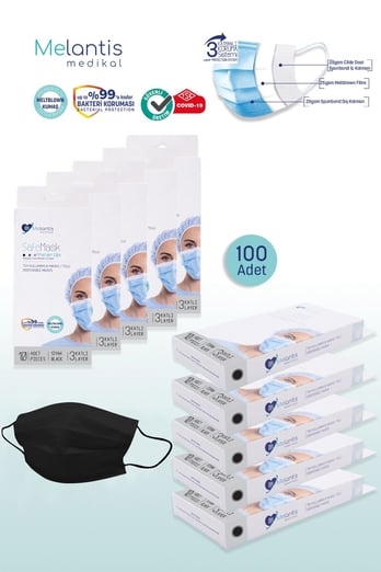  Morven Erkek Siyah MELANTİS MEDİKAL Tek Kullanımlık 3 Katlı Telli Cerrahi Maske 10x10'lu Kutu 100 Adet Siyah