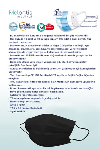 Morven Erkek Siyah MELANTİS MEDİKAL Tek Kullanımlık 3 Katlı Telli Cerrahi Maske 10x10'lu Kutu 100 Adet Siyah