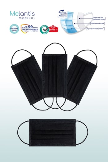  Morven Erkek Siyah MELANTİS MEDİKAL Tek Kullanımlık 3 Katlı Telli Cerrahi Maske 10x10'lu Kutu 100 Adet Siyah