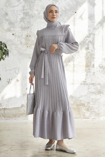 Shoulder Ruffle Pleated Linen Gray Dress