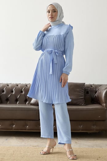 Front Pleated Ruffle Detail Baby Blue Suit