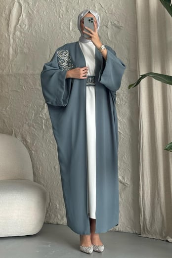 Yakası Taşlı Yarasa Kol Elbiseli Abaya Mint