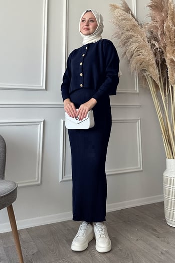 Cardigan Ribbed Two-Piece Navy Knit Set
