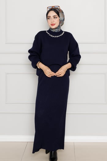 Pearl Detailed, Knit Dress-dark bleu color