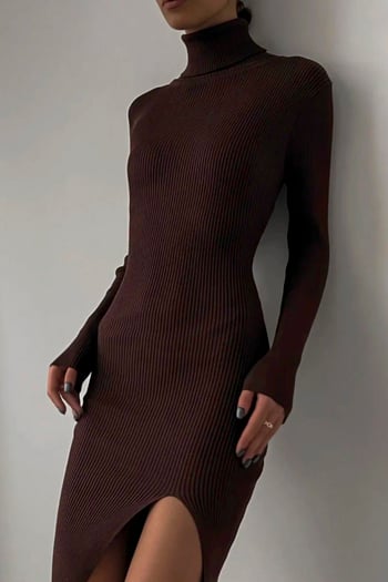Acı Kahve Balıkçı Yaka Yırtmaçlı Kadın Elbise MG1735
