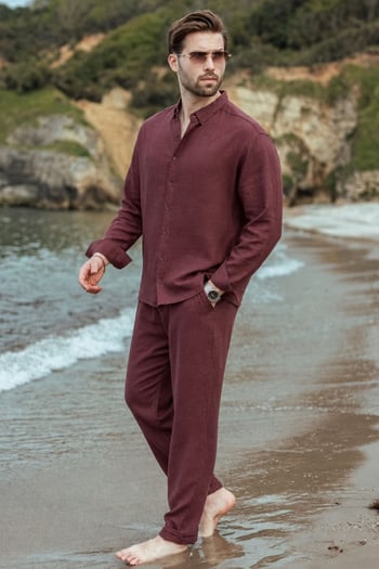 Bordo Rahat Kesim Keten Erkek Gömlek Pantolon Takım E7362
