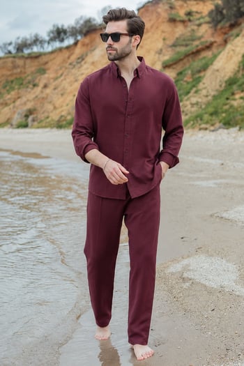 Bordo Gömlek Pantolon Erkek İkili Takım E7322