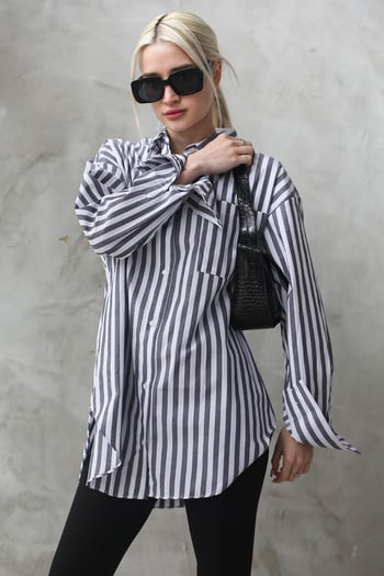 Antrasit Çizgili Oversize Kadın Gömlek MG1688