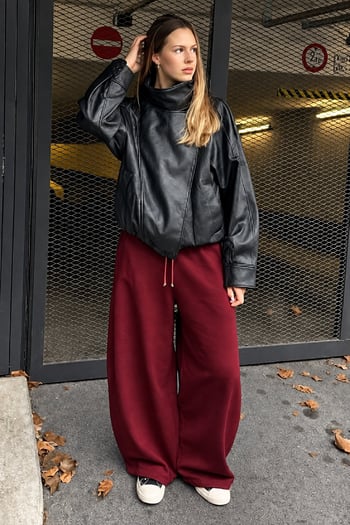 Bordo Stoperli Barrel Fit Şardonlu Kadın Eşofman Altı MG2687