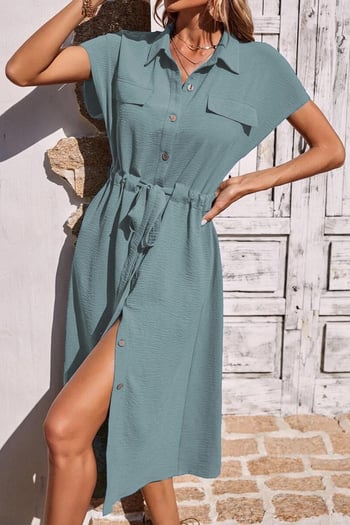 Bebe Mavisi Gömlek Yaka Uzun Elbise MG1743