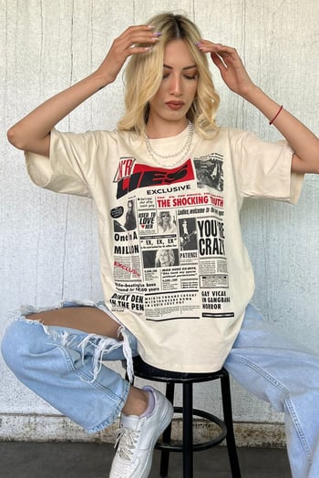 Women Printed Beige Over Fit T-Shirt MG1506