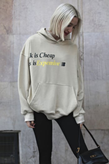 Bej Baskılı Oversize  Kapüşonlu Sweatshirt MG1573