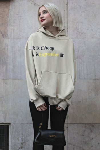 Bej Baskılı Oversize  Kapüşonlu Sweatshirt MG1573