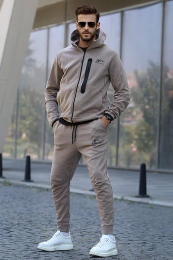 Bej Baskılı Regular Fit Erkek Eşofman Takımı