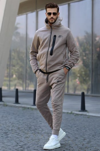 Bej Baskılı Regular Fit Erkek Eşofman Takımı