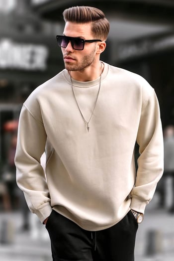 Bej Bisiklet Yaka Oversize Şardonlu Basic Erkek Sweatshirt 6048