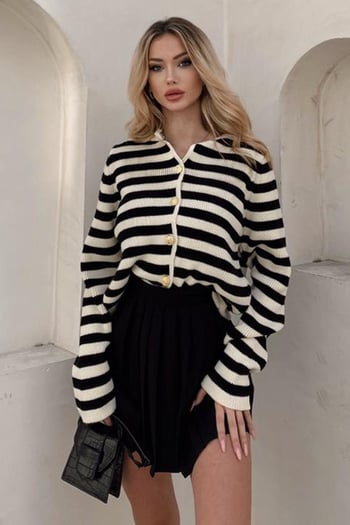 Bej Çizgili Bisiklet Yaka Gold Düğme Detaylı Cotton Hırka MG1605