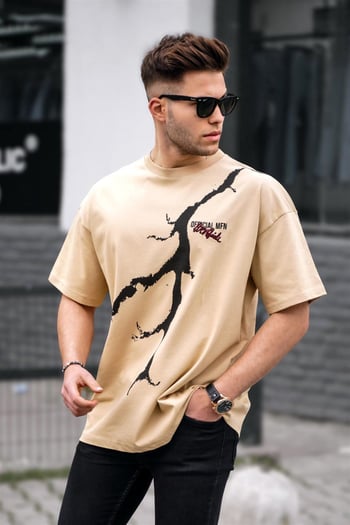 Bej Desenli Oversize Erkek Tişört