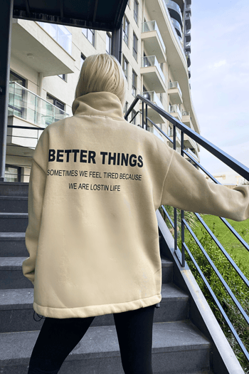 Bej Dik Yaka Fermuarlı Kadın Sweatshirt MG1935