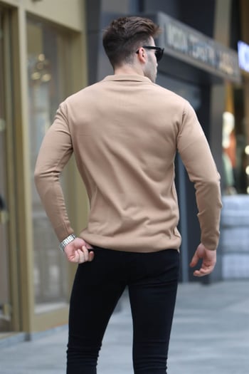 Bej Fermuar Detaylı Polo Yaka Triko Kazak 5973