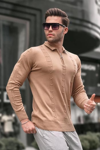 Bej Fermuar Detaylı Triko Kazak 5606