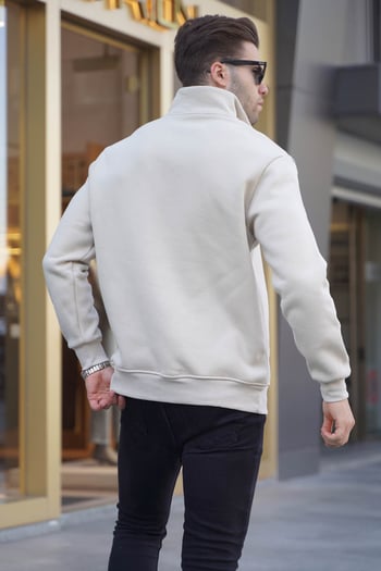 Beige Embroided Zip Neck Sweatshirt 6028