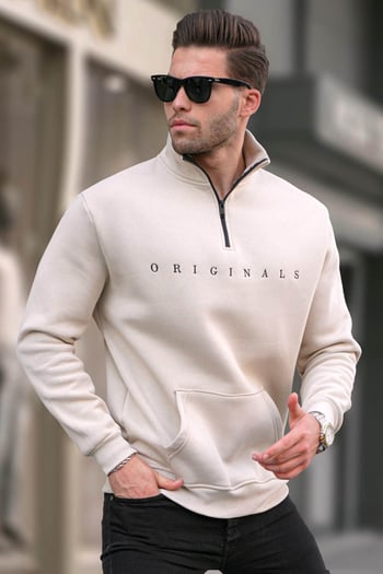 Beige Embroided Zip Neck Sweatshirt 6028